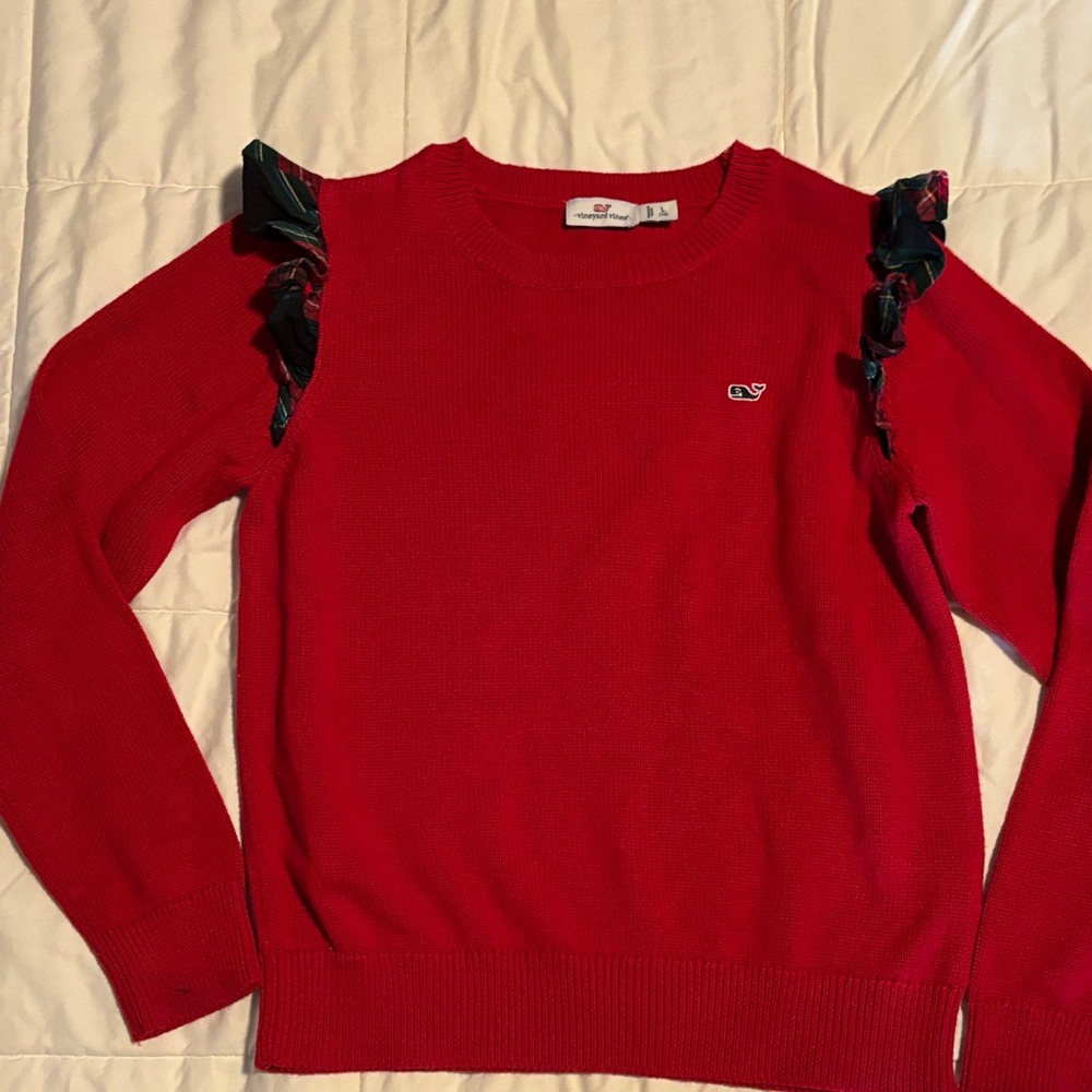 Vineyard Vines Red Sweater with Ruffle Accents like new